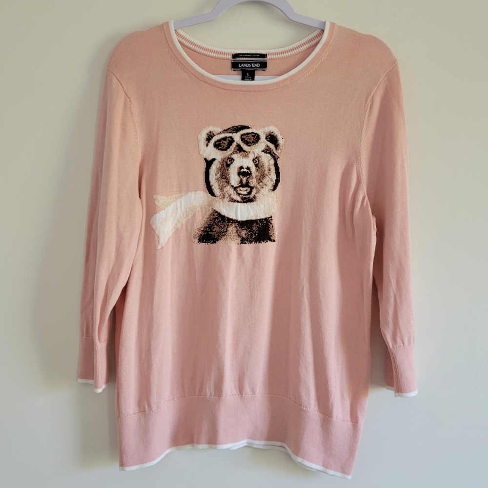 LAND'S END Teddy Bear Novelty Supima Cotton 3/4 Sleeve Blush Pink‎ Knit L